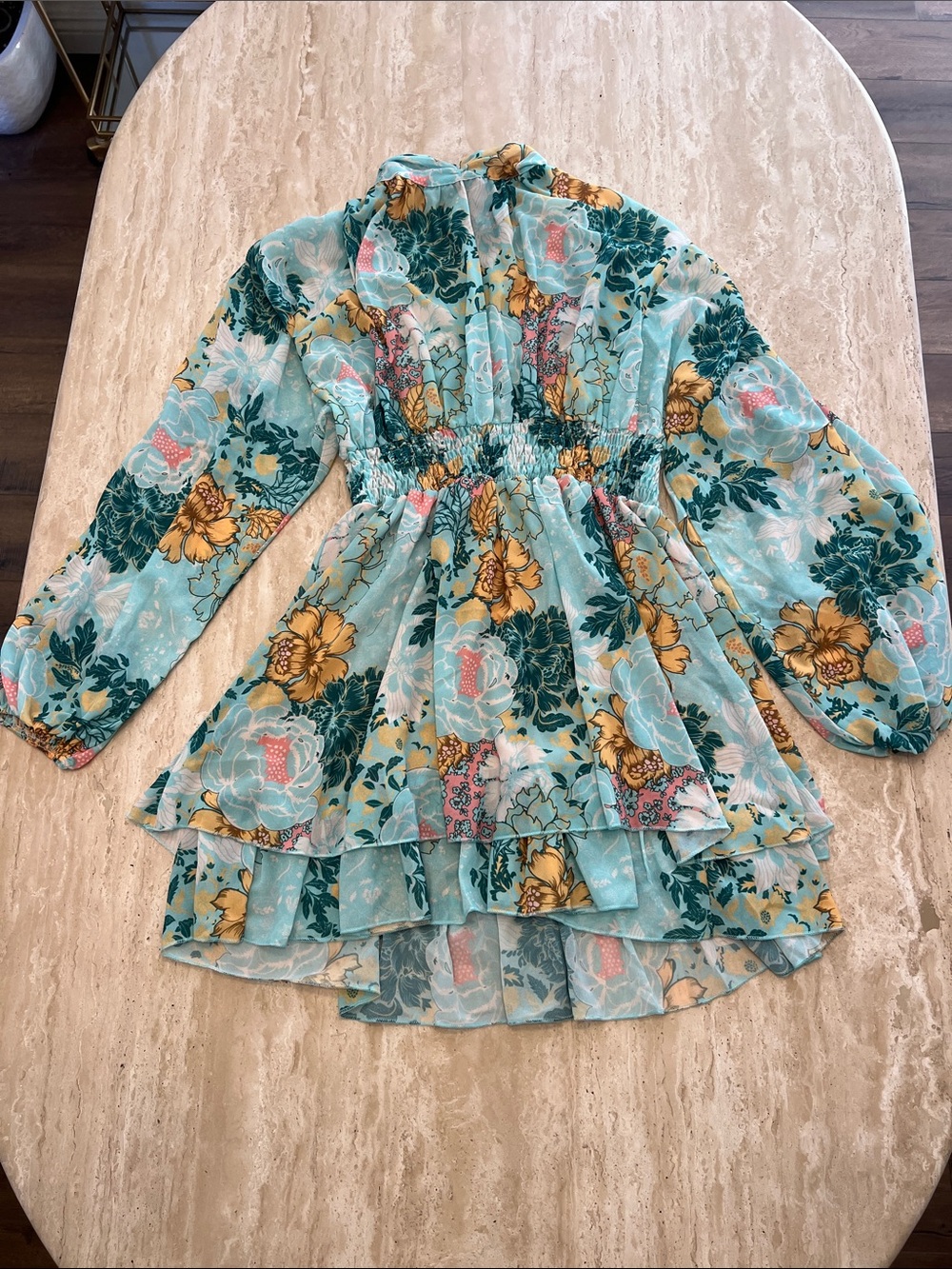 Smocked-Waist Floral Tiered Mini Dress in Aqua and Mustard